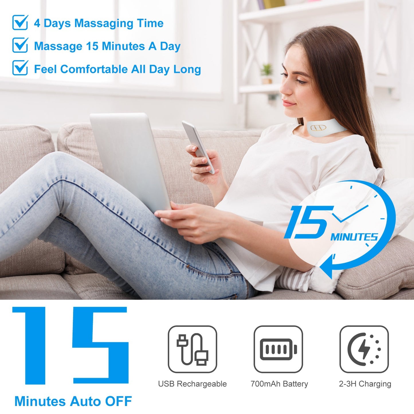 EMS Neck Massager W/ Heat, 6 Modes ,15 Intensity Levels